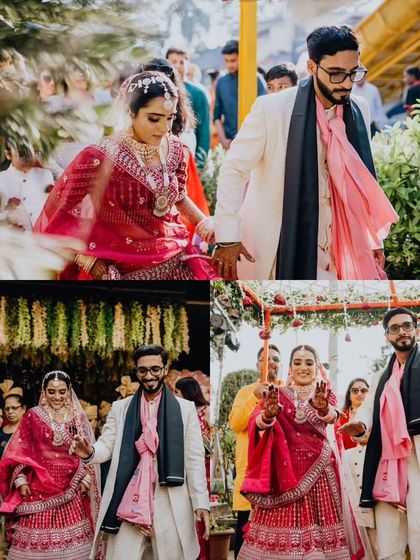 A collage of the couple's vibrant wedding procession, filled with dancing and joy.