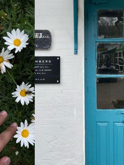 A bright blue door with a small sign for 'Chambers', next to a patch of white daisies.