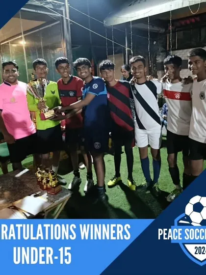**Peace Soccer Cup II (Under 15):** Our Under-15 team celebrating their championship win at the Peace Soccer Cup II in Lonavala.