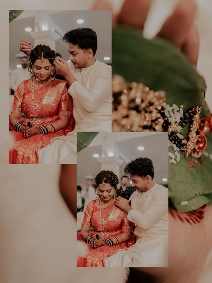 A detailed look at the mangalsutra ceremony. This collage shows the groom fastening the sacred necklace, with a close-up of the mangalsutra itself, highlighting its significance in a Marathi wedding.