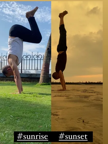 The day is framed by two magical moments: sunrise and sunset. This is a visual reminder of our daily practice, showing handstands that greet the morning light and bid farewell to the day.