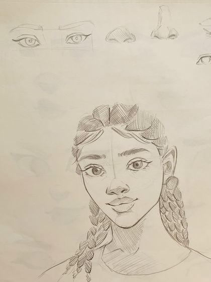 A student's practice sheet focusing on drawing eyes, noses, and the overall structure of a character's face.