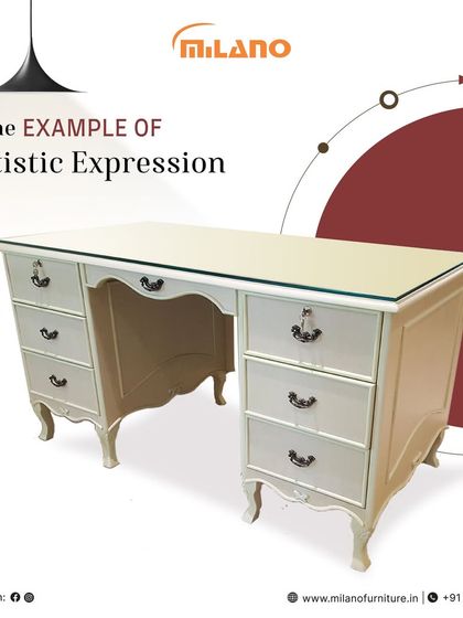 Another view of our classic multi-drawer study desk. This piece combines artistic design with practical storage, making it a fine addition to any workspace.