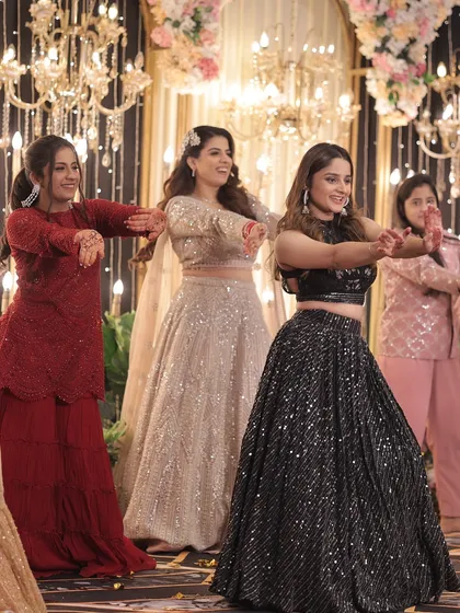 A synchronized moment from a bridesmaids' performance. Our choreography focuses on clean lines and sharp, coordinated moves.
