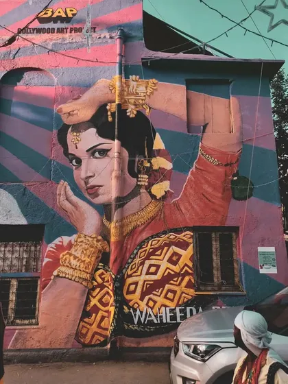 A closer look at the Waheeda Rehman portion of the Bollywood Art Project mural. The detail in her expression and traditional attire is a beautiful homage to the golden era of Indian cinema.