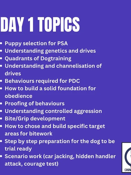 The Day 1 topics for my PSA seminar, covering puppy selection, genetics, drives, and building a solid foundation for obedience and bite work.