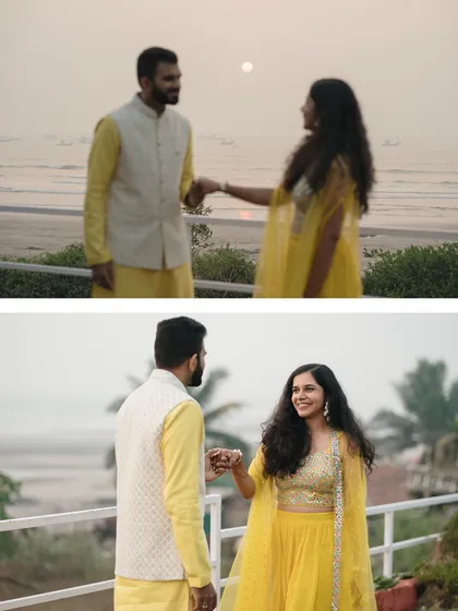 A sweet interaction between the couple against the backdrop of a setting sun. These candid moments add a layer of warmth and authenticity to the wedding album.