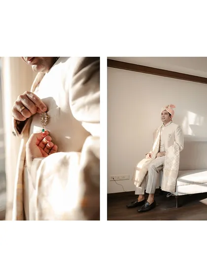 Details of the groom getting ready, bathed in the beautiful golden hour light.
