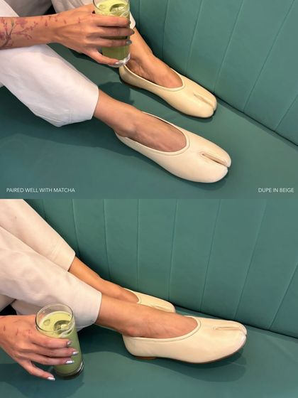 The DUPE Tabi flat in beige, paired perfectly with a morning matcha. It’s a versatile, neutral shade that complements a calm start to the day and an effortlessly chic outfit.