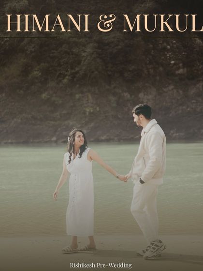 A save-the-date style photo from a Rishikesh pre-wedding, capturing a candid walking moment.