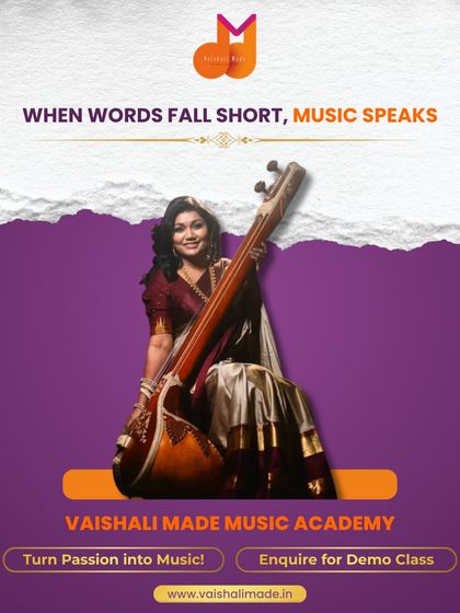 When words fall short, music speaks. This inspirational poster, featuring me with a tanpura, serves as a reminder of the expressive power of music and invites you to turn your passion into skill with a demo class.
