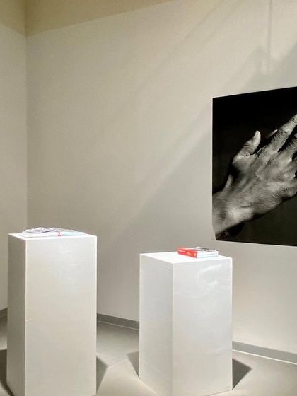 An exhibition corner in the Museum of Art and Photography (MAP), where simple white pedestals and focused lighting create a minimalist setting for the artwork. The architecture is designed to serve the art, not overpower it.