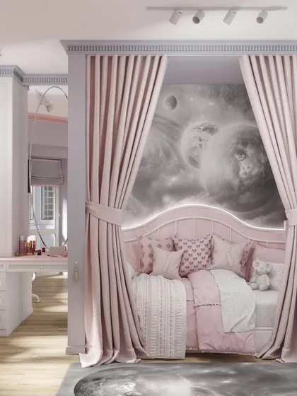 A whimsical and functional kid's bedroom design, featuring a cozy curtained bed nook with a galaxy-themed backdrop and a dedicated study area for learning and play.