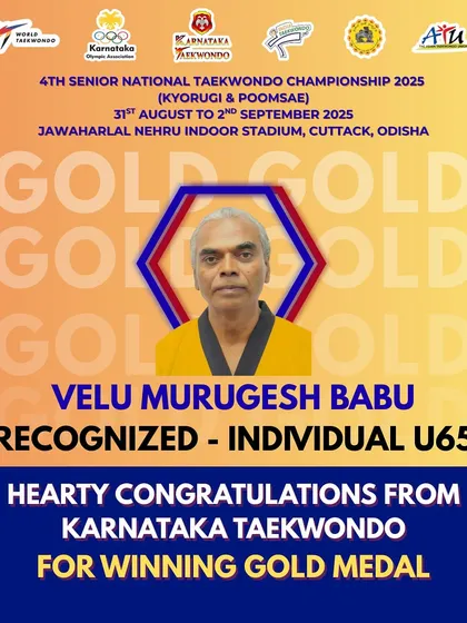 Proving that Taekwondo is a lifelong journey, Velu Murugesh Babu wins the Gold Medal in the Recognized Individual U65 category at the Senior National Championship.