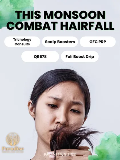 Seasonal changes, like the monsoon, can trigger significant hair fall. I offer a multi-pronged approach to combat this, including detailed trichology consultations, targeted scalp boosters, GFC PRP sessions, QR678, and specialized Folliboost IV drips to strengthen your hair from the inside out.