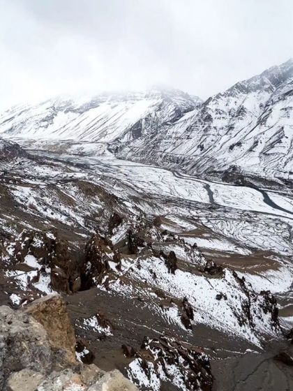 The stark, beautiful landscape of the Spiti Valley, with a river winding through the snow-dusted terrain.