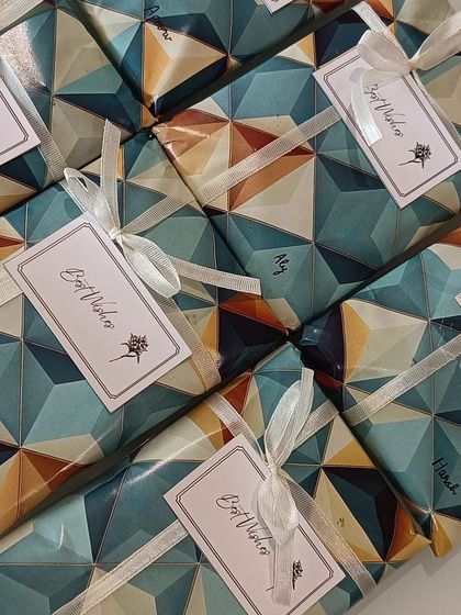 The passport covers are individually wrapped in geometric-patterned paper with a 'Best Wishes' tag, showing my attention to packaging.
