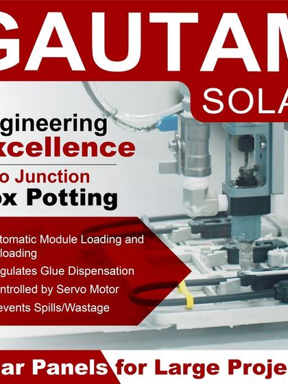 We use an Auto Junction Box Potting machine for engineering excellence in our large-scale solar panels. This automated system handles module loading and unloading, regulates glue dispensation with a servo motor, and prevents spills or wastage.