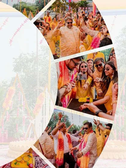 A creative collage capturing the energy and movement of the Haldi celebration.