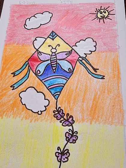 This colorful kite drawing is full of imagination, with a butterfly design on the kite itself. It’s a wonderful example of how we encourage creativity and personal touches in our kids' art projects.