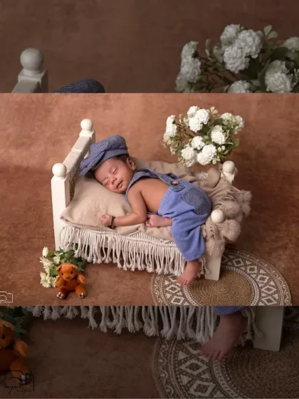 A collage showing different angles of the adorable newborn boy on the tiny bed setup.