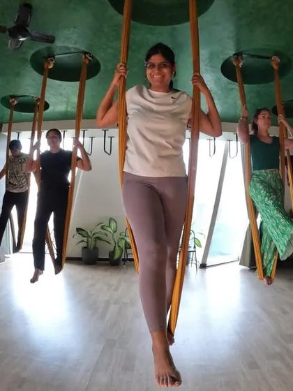 Aerial yoga is a joyful experience of freedom and weightlessness. Here in my class, students use the hammock to explore movement, build core strength, and find a unique sense of calm while being fully supported.