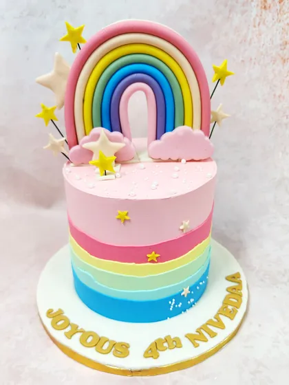 A slightly different angle of the rainbow fault line cake, highlighting the stars and personalized message.