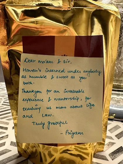 A sweet, handwritten note from our former intern Priyam. Small gestures like these remind us of the invaluable experience and mentorship we strive to provide.