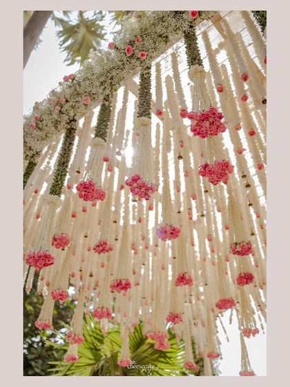 A close-up of the stunning floral chandelier, made of tuberose and pink roses, that hung over the mandap.