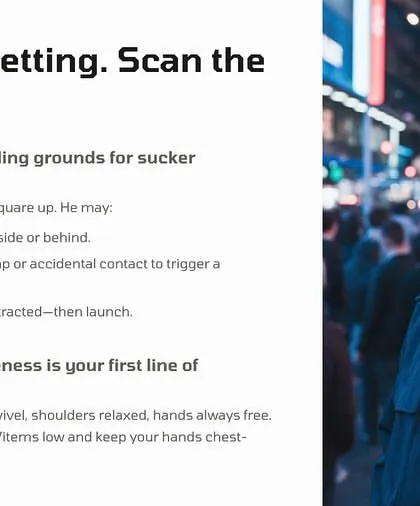 Know the setting and scan the people. Crowds are breeding grounds for sucker punches. An attacker may approach from the side or use a bump to trigger a response. Situational awareness is your first line of defense.