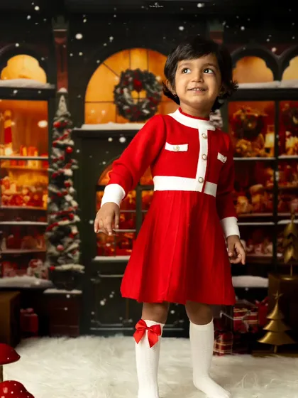 A classic portrait of a girl in a red dress, capturing the timeless feel of the holiday season.