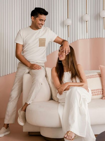 From serious design discussions to moments of laughter. Our studio is a place of focus and fun, and this candid shot captures the easy-going dynamic between us.