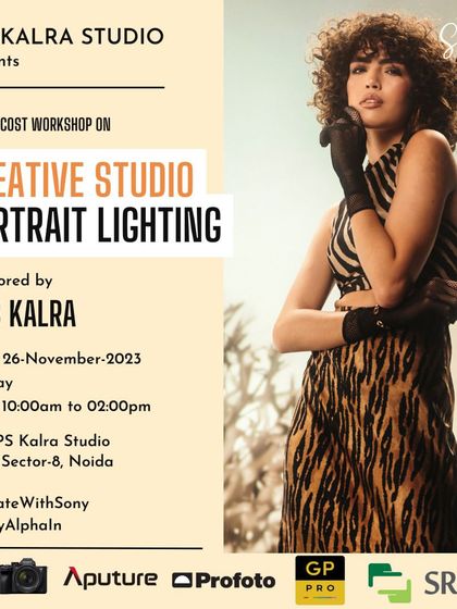 A poster for a free workshop on Creative Studio Portrait Lighting. These sessions are a great chance to light up your passion and learn the art of capturing stunning portraits.