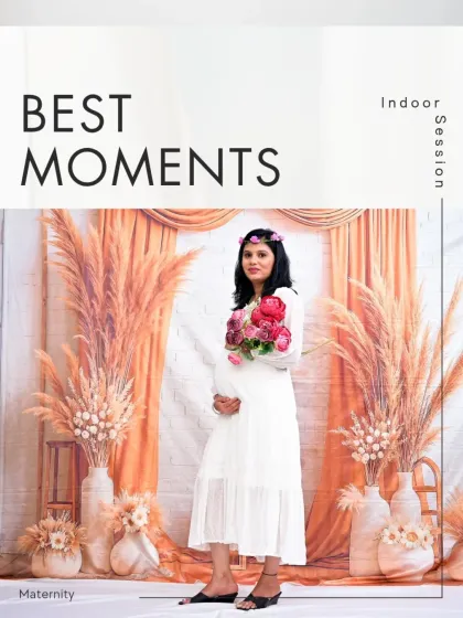 A promotional graphic for my indoor sessions, featuring a beautiful solo portrait in our pampas grass setup. The mom-to-be looks serene in a white dress, holding a bouquet of flowers.