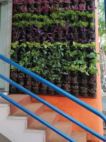 This living vertical garden, installed at a building's entrance, welcomes visitors with vibrant color. I used a variety of plants with purple, green, and variegated leaves, arranged in a pattern to create visual interest and a fresh look.