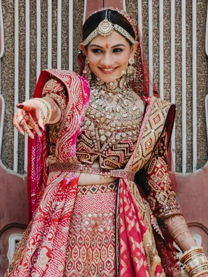 The bride's infectious smile and playful pose capture her personality perfectly. We make sure our brides feel comfortable and have fun during their photoshoots.
