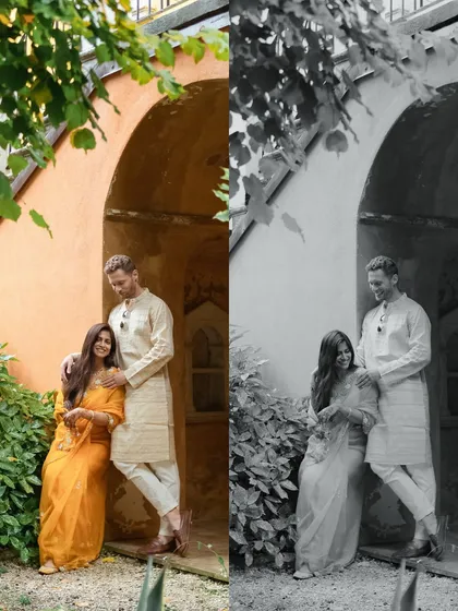 A beautiful portrait of the couple in their traditional Indian attire, presented in both color and black and white. This highlights the timeless elegance of their destination wedding in Italy.