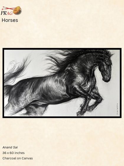 A stunningly realistic charcoal drawing of a black horse in motion by Anand Sai, its muscles and flowing mane captured with incredible detail.