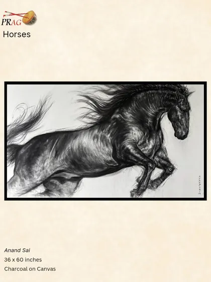 A stunningly realistic charcoal drawing of a black horse in motion by Anand Sai, its muscles and flowing mane captured with incredible detail.