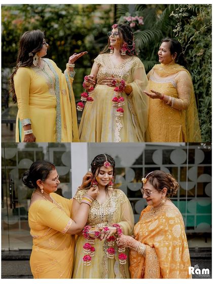 A collage capturing the blessings of the elders during the Haldi ceremony. These images highlight the importance of family and tradition, showing tender moments between the bride and her relatives.