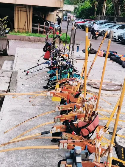 Our bows lined up during the Dasara pooja. A sign of respect for the instruments of our sport.