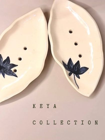 My Keya Collection also includes these leaf-shaped soap dishes with a hand-painted lotus motif. They are part of my unique home decor and kitchen essentials line.
