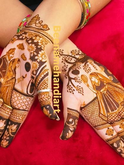 A pair of hands with two different but complementary Karva Chauth scenes. One shows the wife with the sieve, the other shows the couple together.