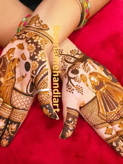 A pair of hands with two different but complementary Karva Chauth scenes. One shows the wife with the sieve, the other shows the couple together.