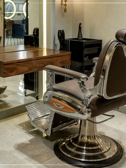 The barbering station at our new Srinagar salon. We provide a dedicated, upscale space for our male clients to enjoy a premium grooming experience.