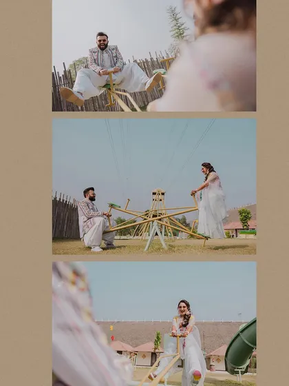 A collage showing a couple having fun on a seesaw. These playful and candid shots perfectly capture their youthful energy and the friendship at the heart of their relationship.