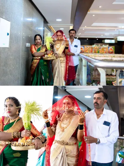 The bride's procession to the wedding mandap. The red veil and the traditional elements create a classic and timeless bridal look.