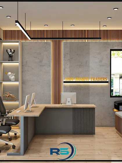 We also design and build professional office environments. This 3D concept for a modern office features a custom L-shaped desk, integrated shelving with accent lighting, and comfortable seating, creating a productive and stylish workspace.