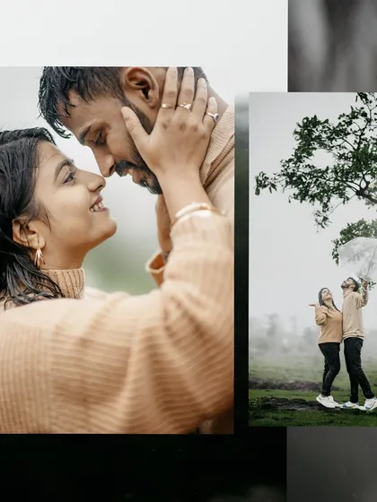 A collage combining an intimate close-up with a wider shot of the couple under an umbrella, telling a complete rainy day love story.