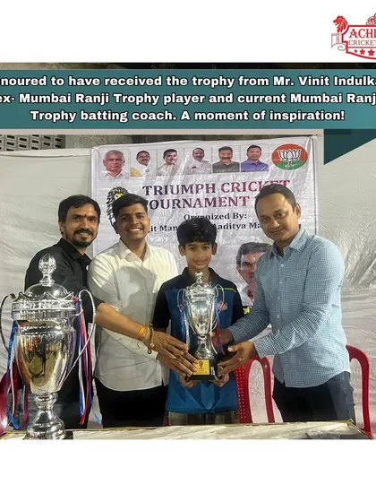Receiving the runners-up trophy from ex-Mumbai Ranji player Vinit Indulkar, an inspiring moment for our team.